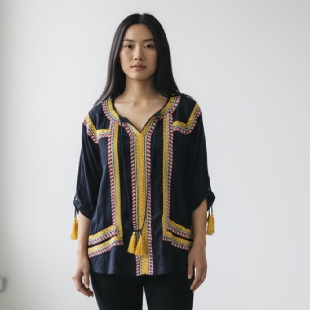 THML by anthropology, ladies, small navy embroidered with tassel blouse